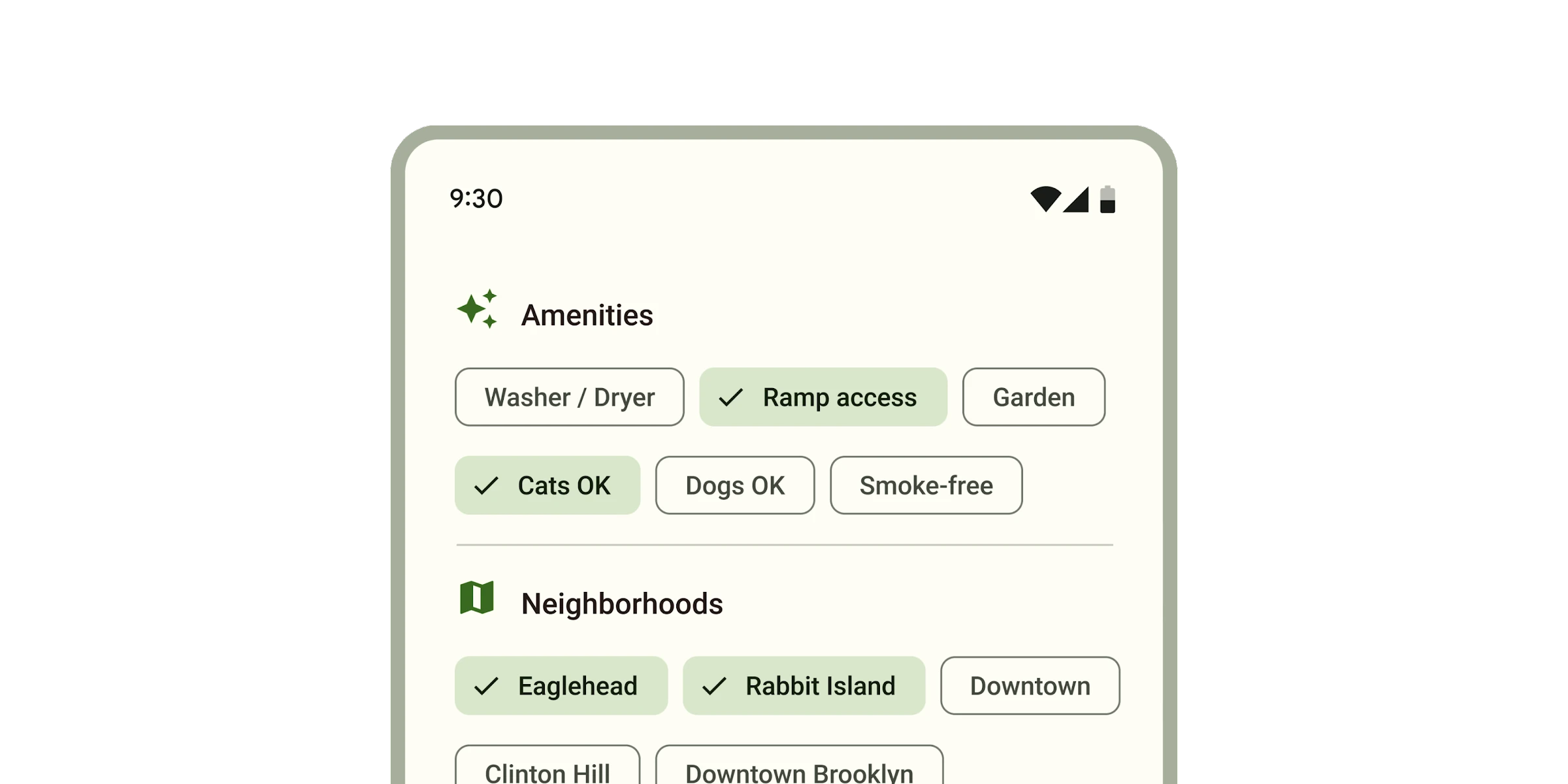 Filter chips Two collections of filter chips, with some options selected and some unselected.