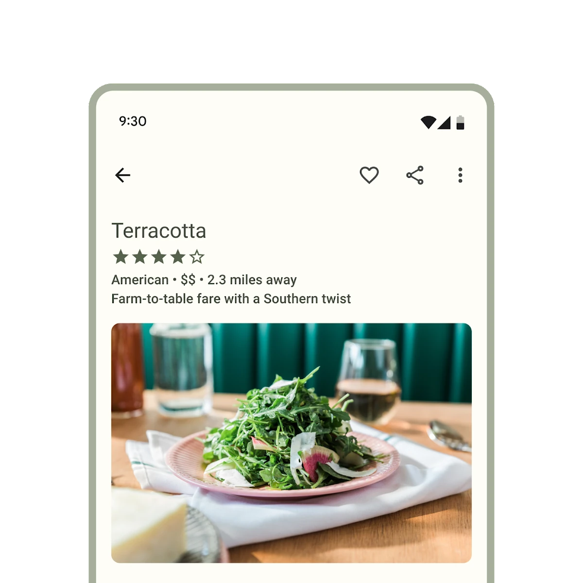 The top half of a phone application with a back icon button at the top left and three icon buttons on the top right, heart, share, and three dot.