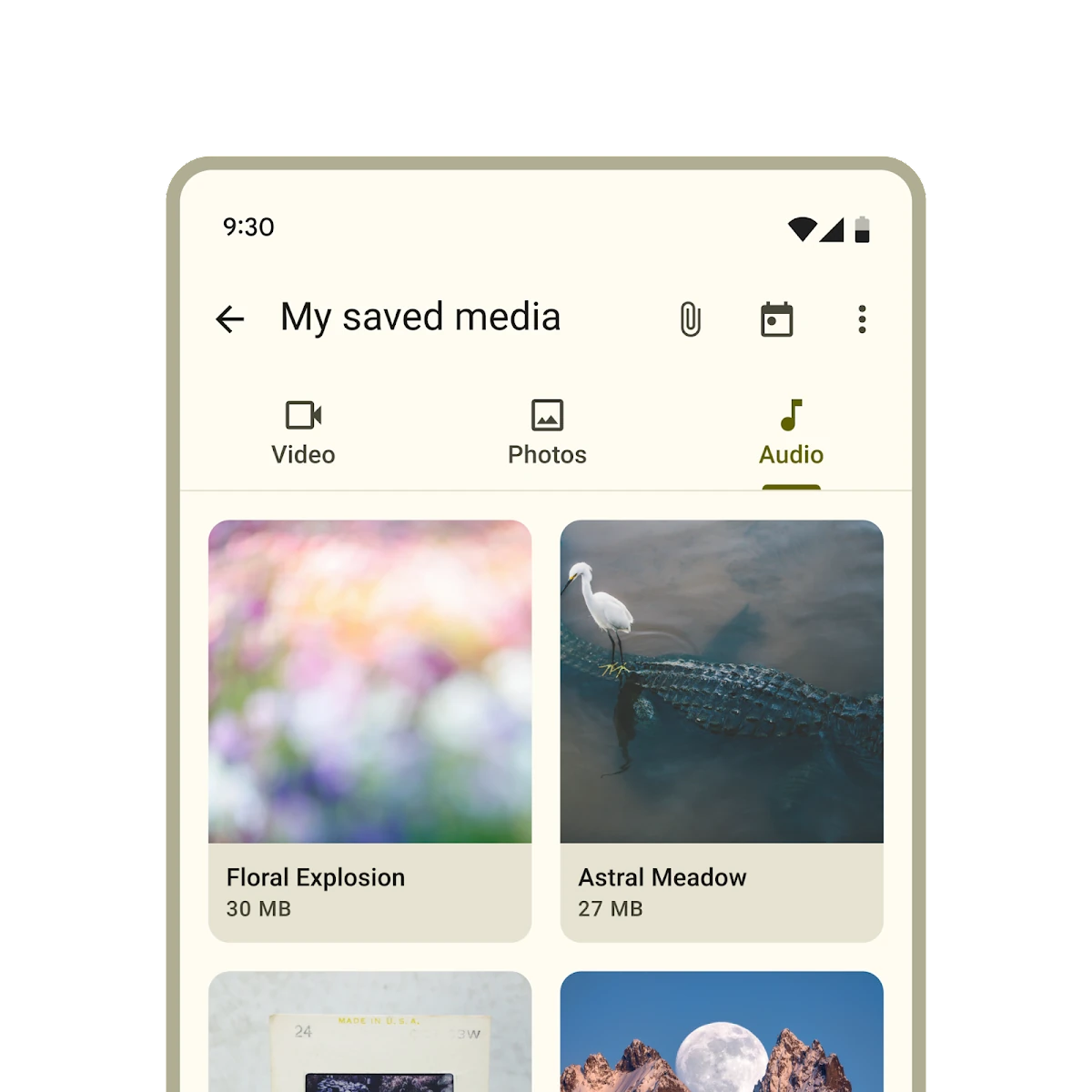 Media gallery screen with tabs labeled 'Video', 'Photos', and 'Audio'.