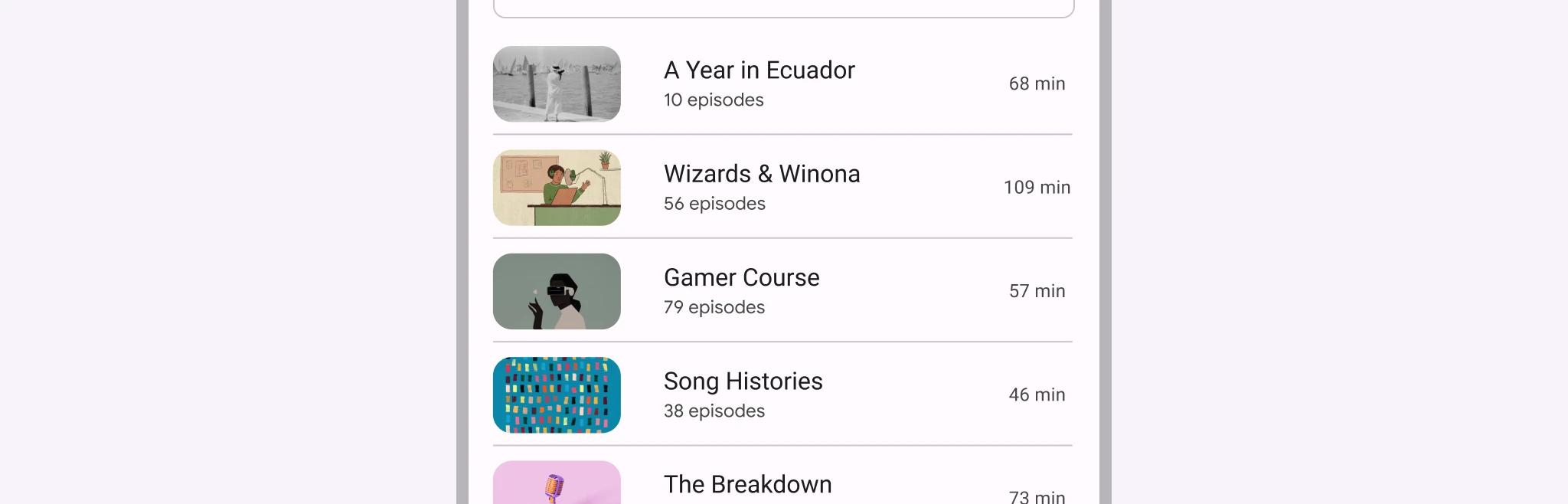 Dividers separating items in a list. Screenshot of five stacked dividers