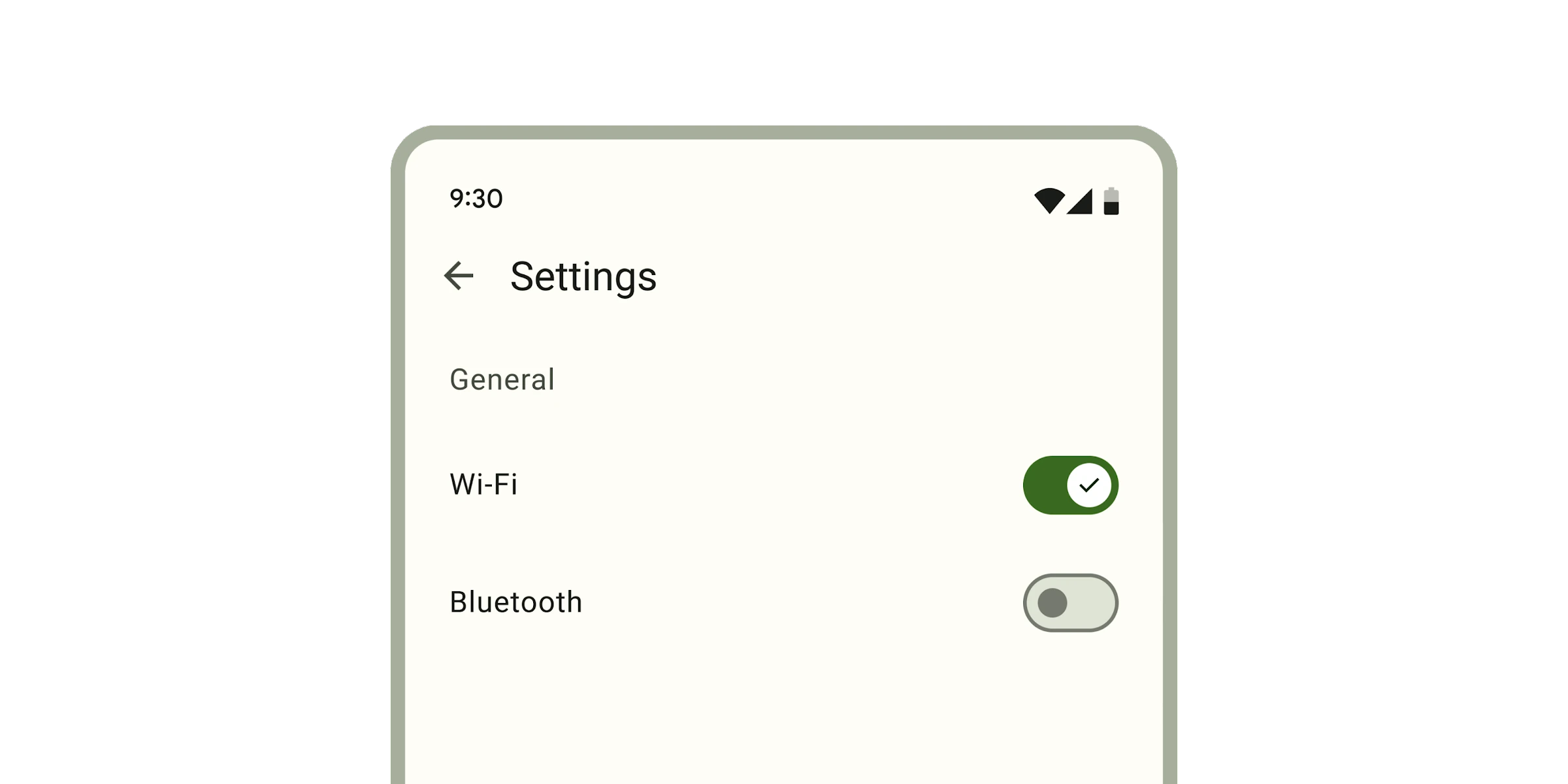 Switches on a settings page. Two switches on a settings page for Wi-Fi and Bluetooth. The first is on and the second is off.